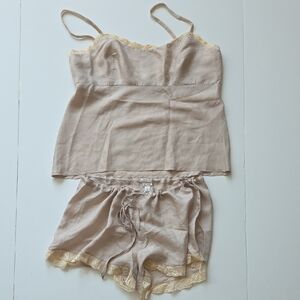 Tan and Cream Pajama Set with Cropped Camisole and Shorts